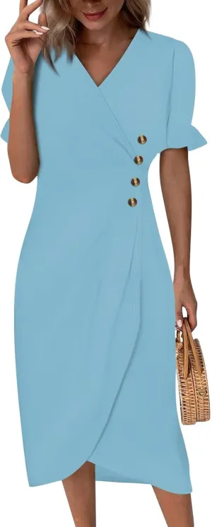 Shift Dresses for Women Faux Wrap Irregular Hem Boho Midi-Dress Elegant Summer 2025 Trendy
