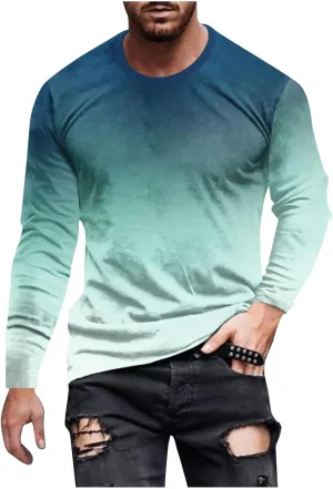 Shirts for Men Long Sleeve Casual Loose Gradient Color Print Crewneck Sweatshirt Lightweight Gym Workout Pullover Top
