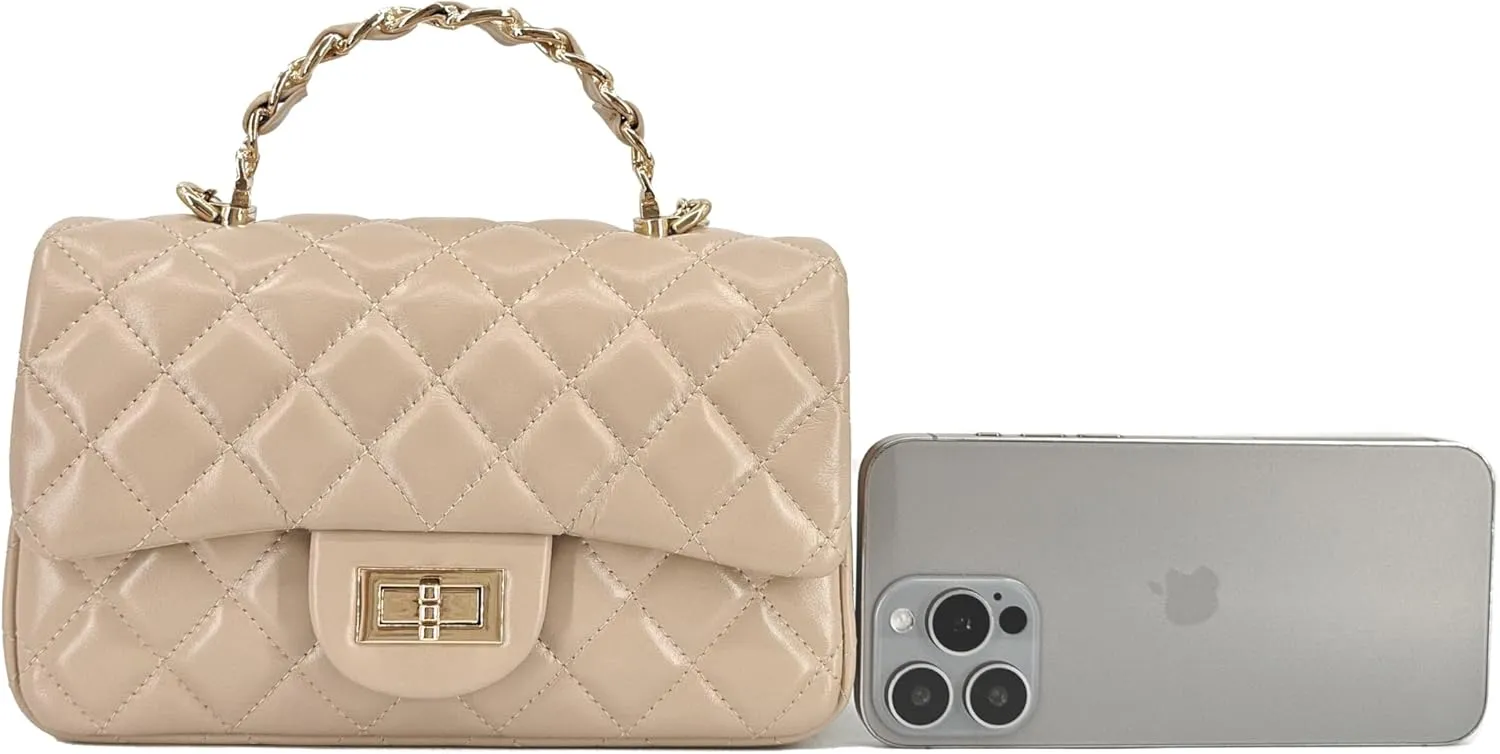 Small Quilted Crossbody Bags for Women, Soft Leather Shoulder Bag with Gold Chain Strap, Metal Top Handle Flap Evening Purse