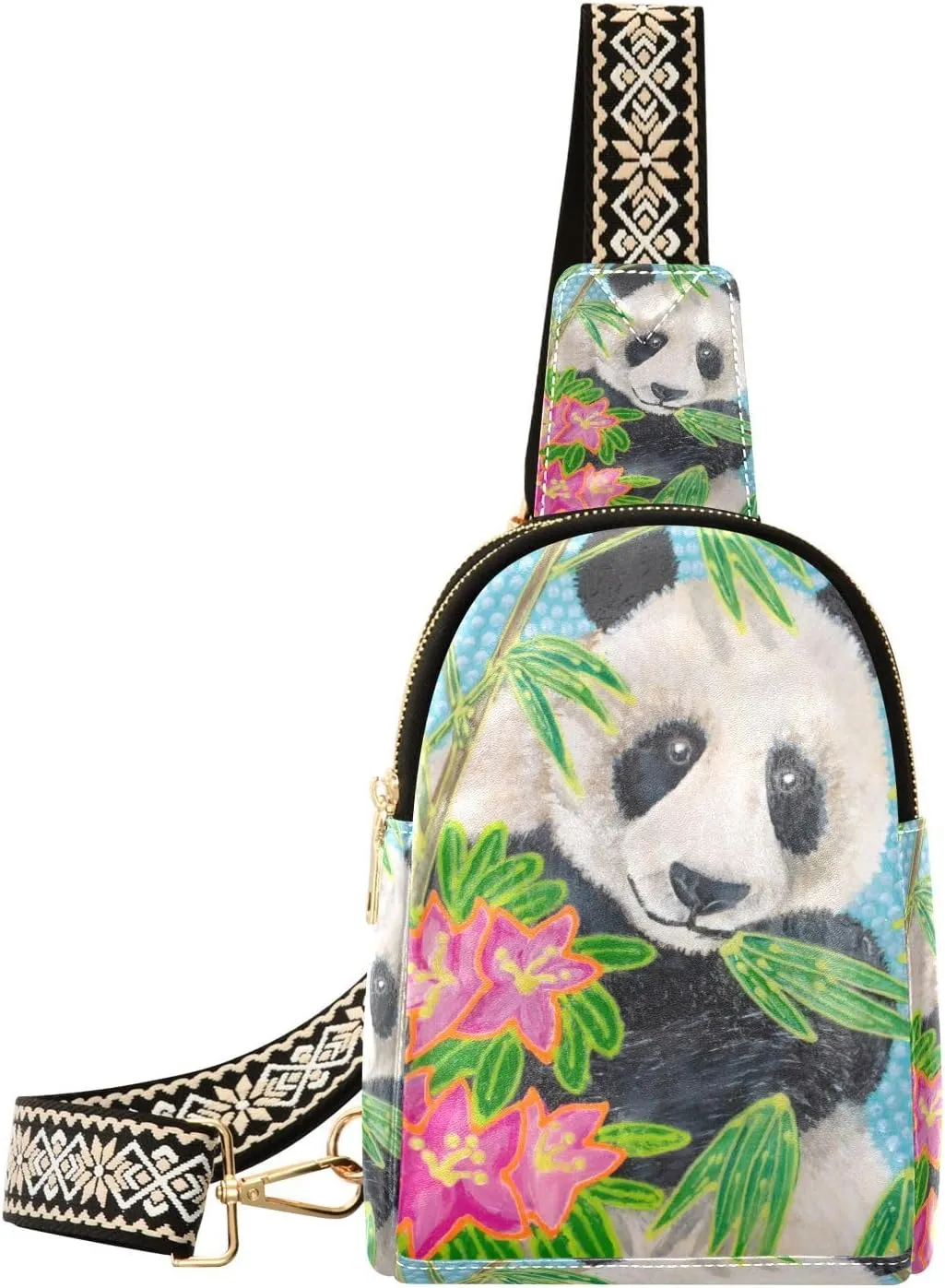 Small Sling Bag Fanny Packs Crossbody Bags for Women Panda Bamboo Flowers Leather Fashion Chest Bag Belt Bag for Women for Travel Sports Running Hiking
