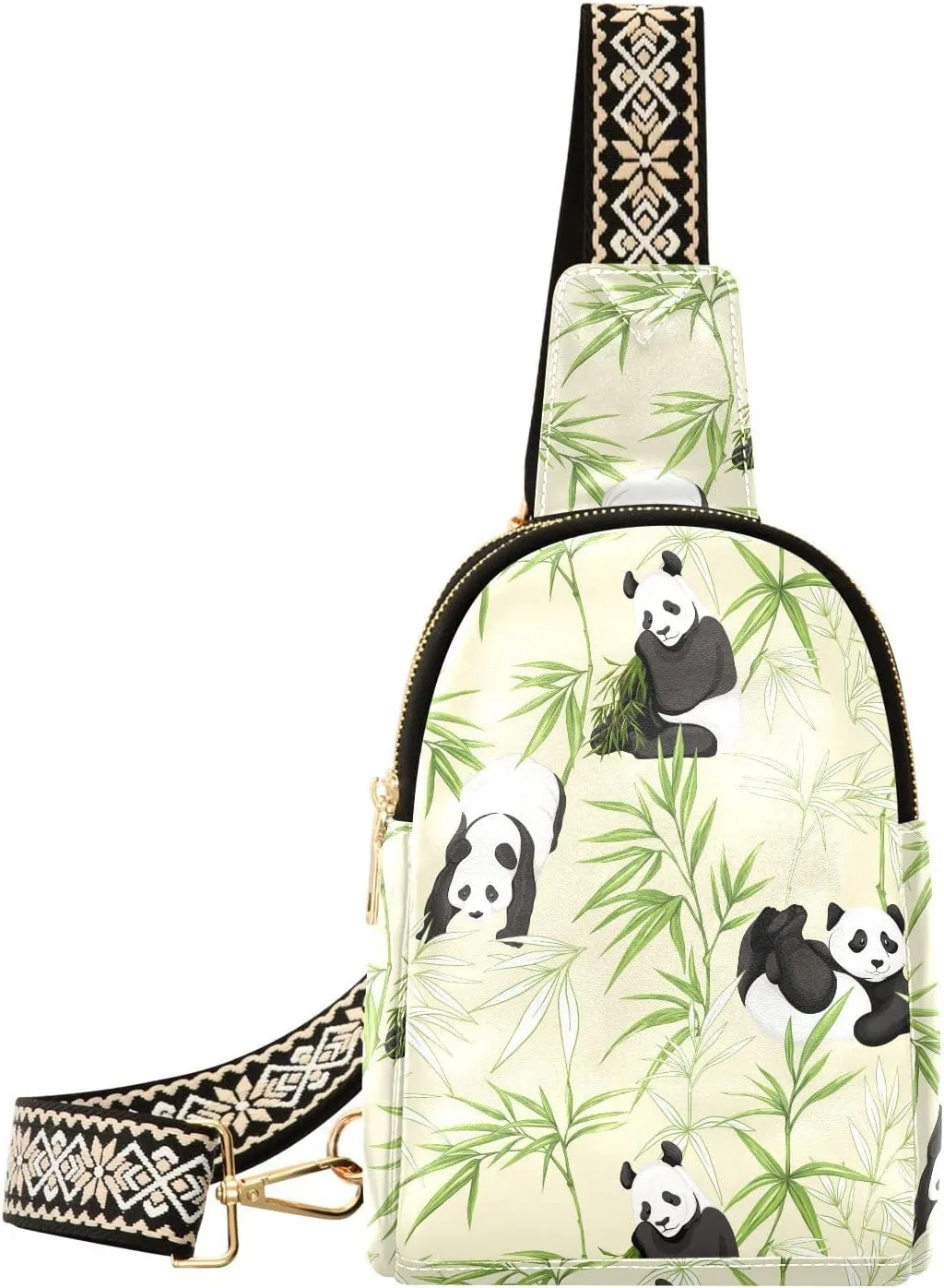 Small Sling Bag for Women Green Bamboo Panda PC Leather Fanny Pack Crossbody Asian Animals Fashion Waist Packs Chest Bag for Travel Sports Running Hiking