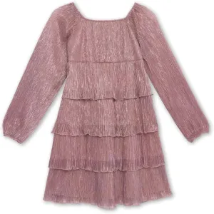 Speechless Girls' Long Sheer Sleeve Square Neck Tiered Pleated Midi Dress