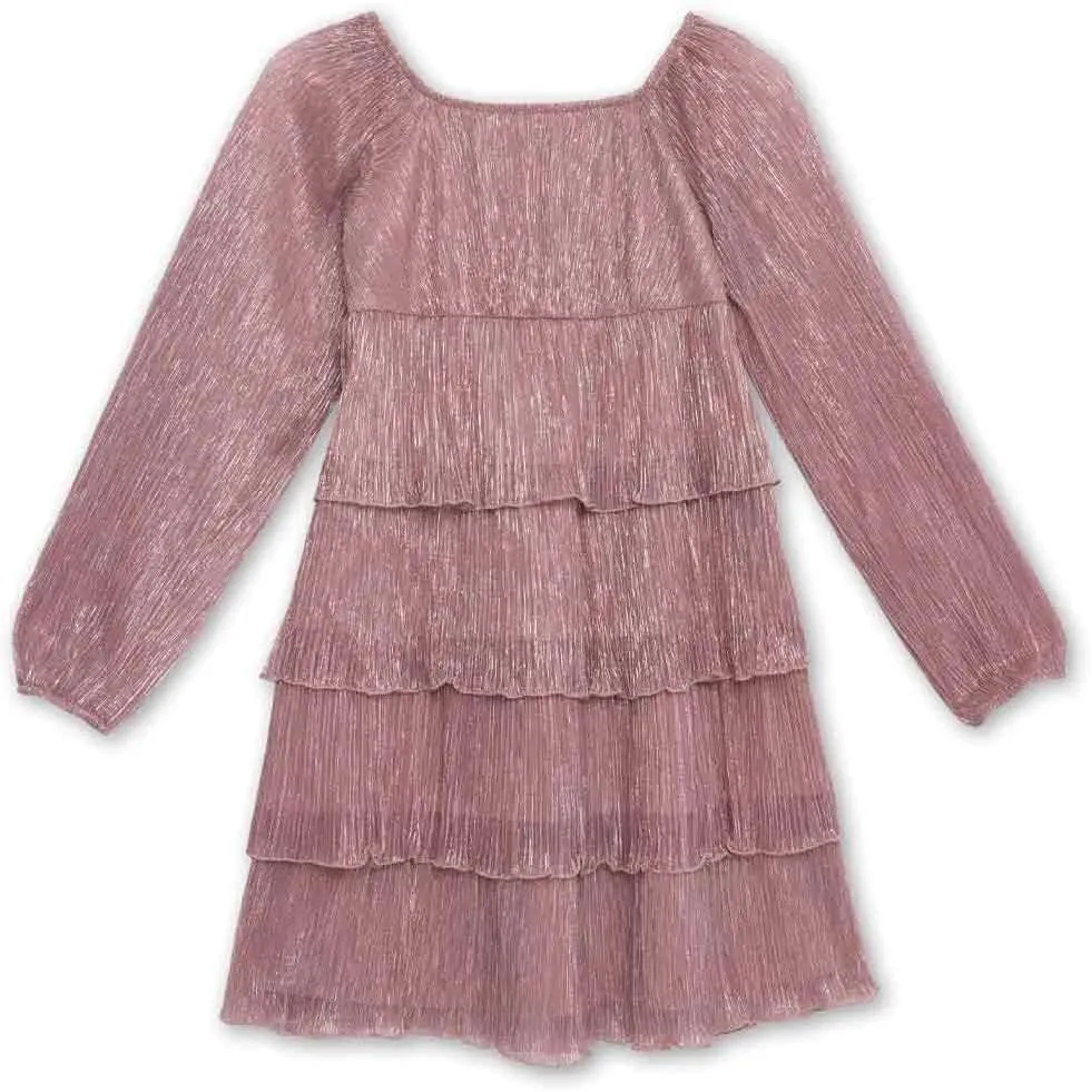 Speechless Girls' Long Sheer Sleeve Square Neck Tiered Pleated Midi Dress