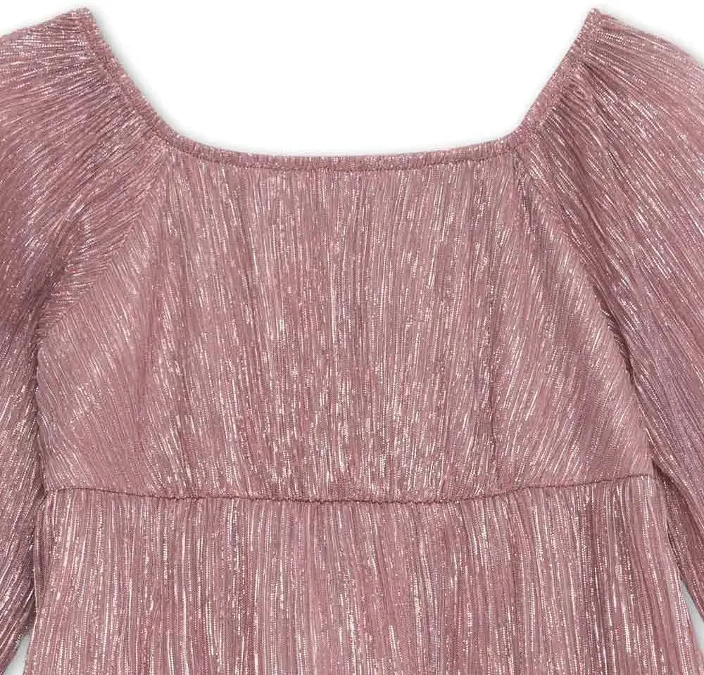 Speechless Girls' Long Sheer Sleeve Square Neck Tiered Pleated Midi Dress