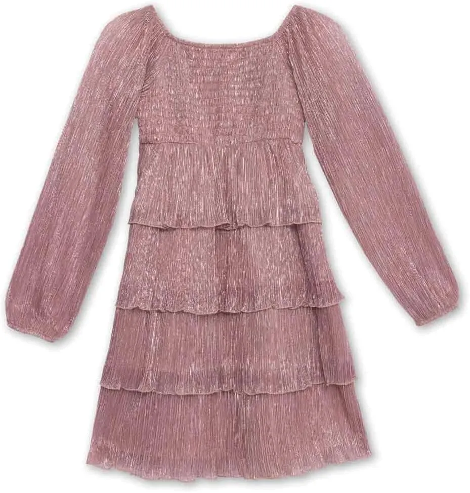 Speechless Girls' Long Sheer Sleeve Square Neck Tiered Pleated Midi Dress