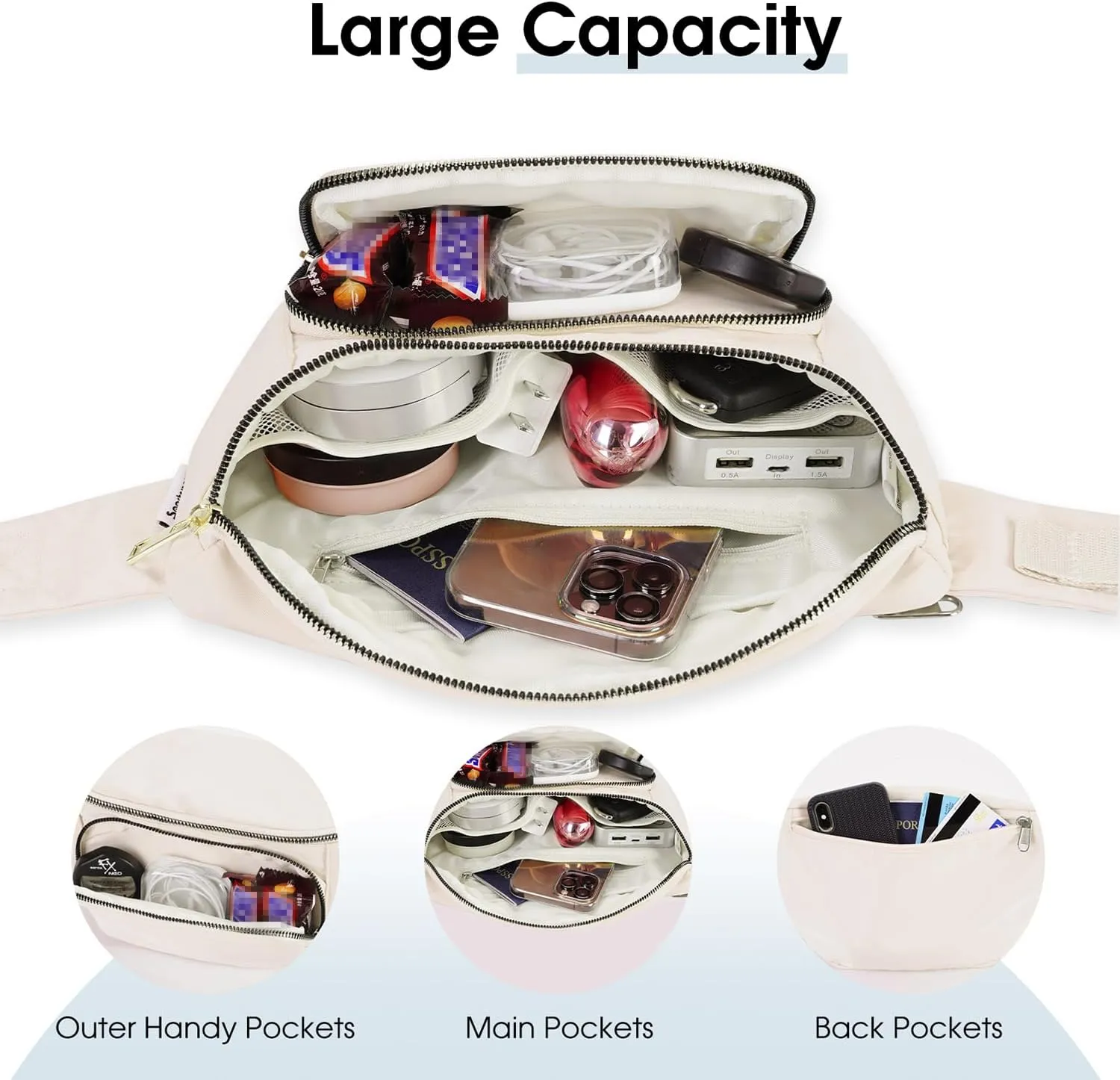 sportsnew Fanny Packs for Women,Large Waist Pack with Extra Extension Belt,Fashion Crossbody Belt Bags for Travel Walking Running Hiking Beige