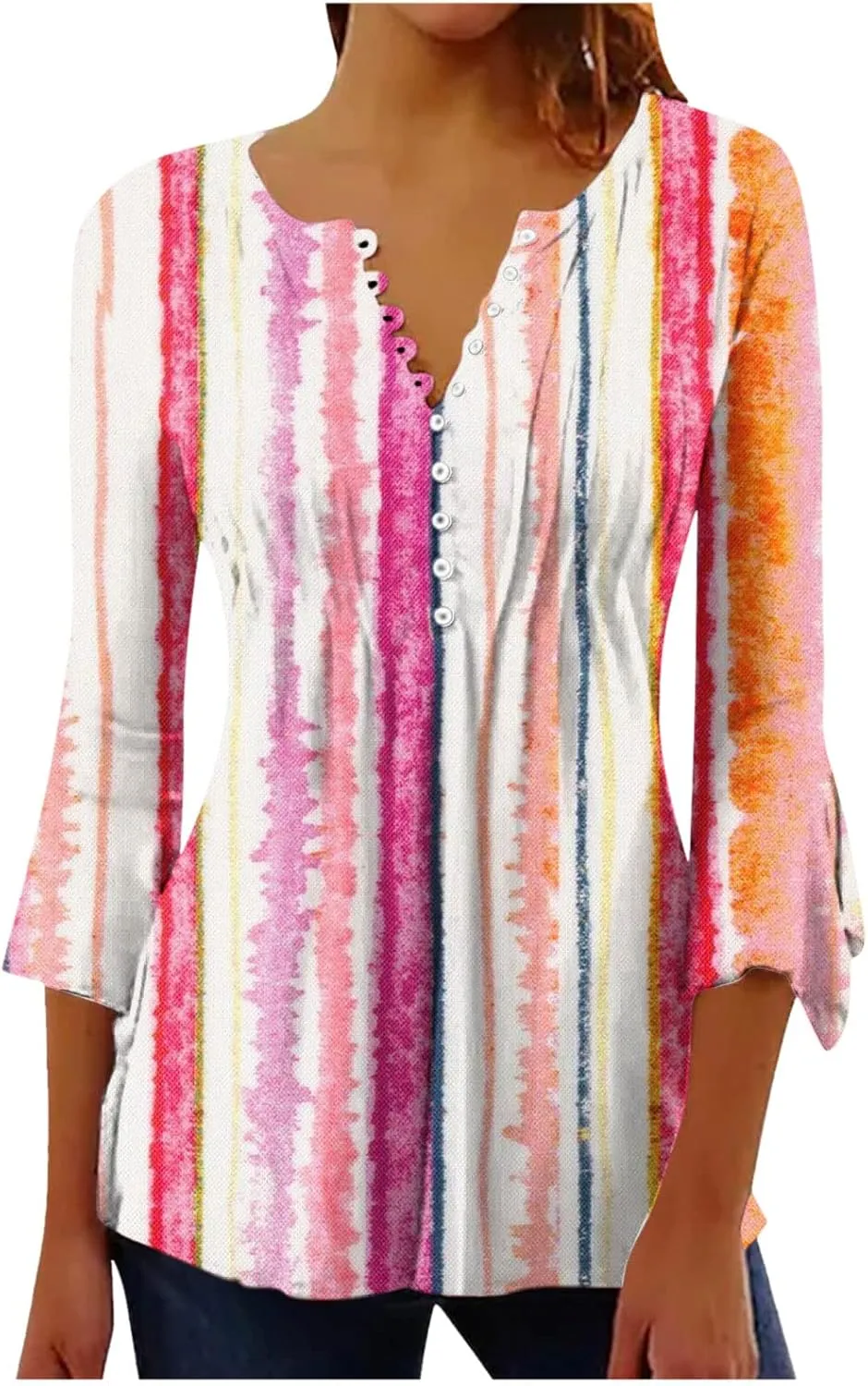 Spring Summer Tops for Women 2024 Trendy Floral Print Bohemian Shirts Casual Button Up 3/4 Sleeve Empire Waist Blouse