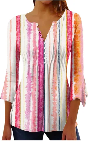 Spring Summer Tops for Women 2024 Trendy Floral Print Bohemian Shirts Casual Button Up 3/4 Sleeve Empire Waist Blouse
