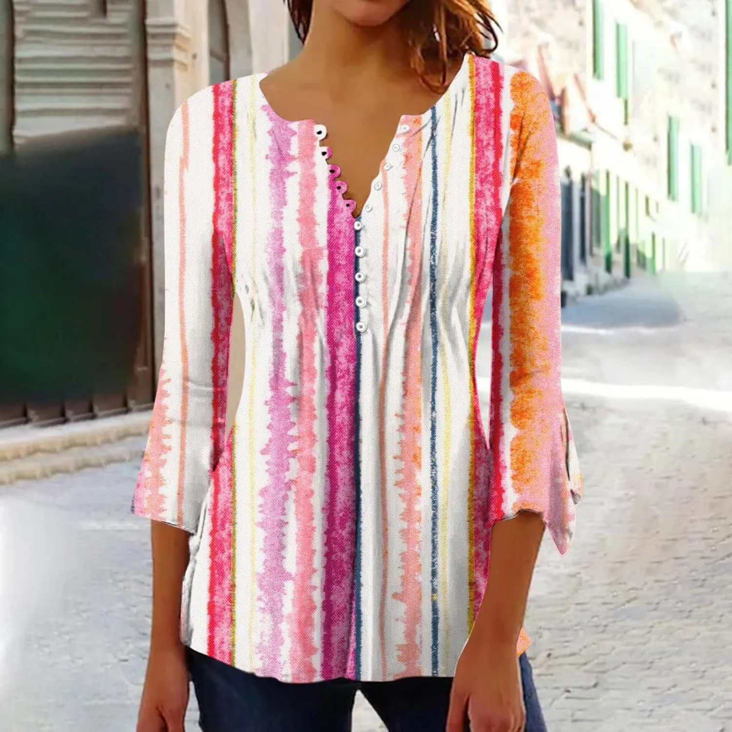 Spring Summer Tops for Women 2024 Trendy Floral Print Bohemian Shirts Casual Button Up 3/4 Sleeve Empire Waist Blouse