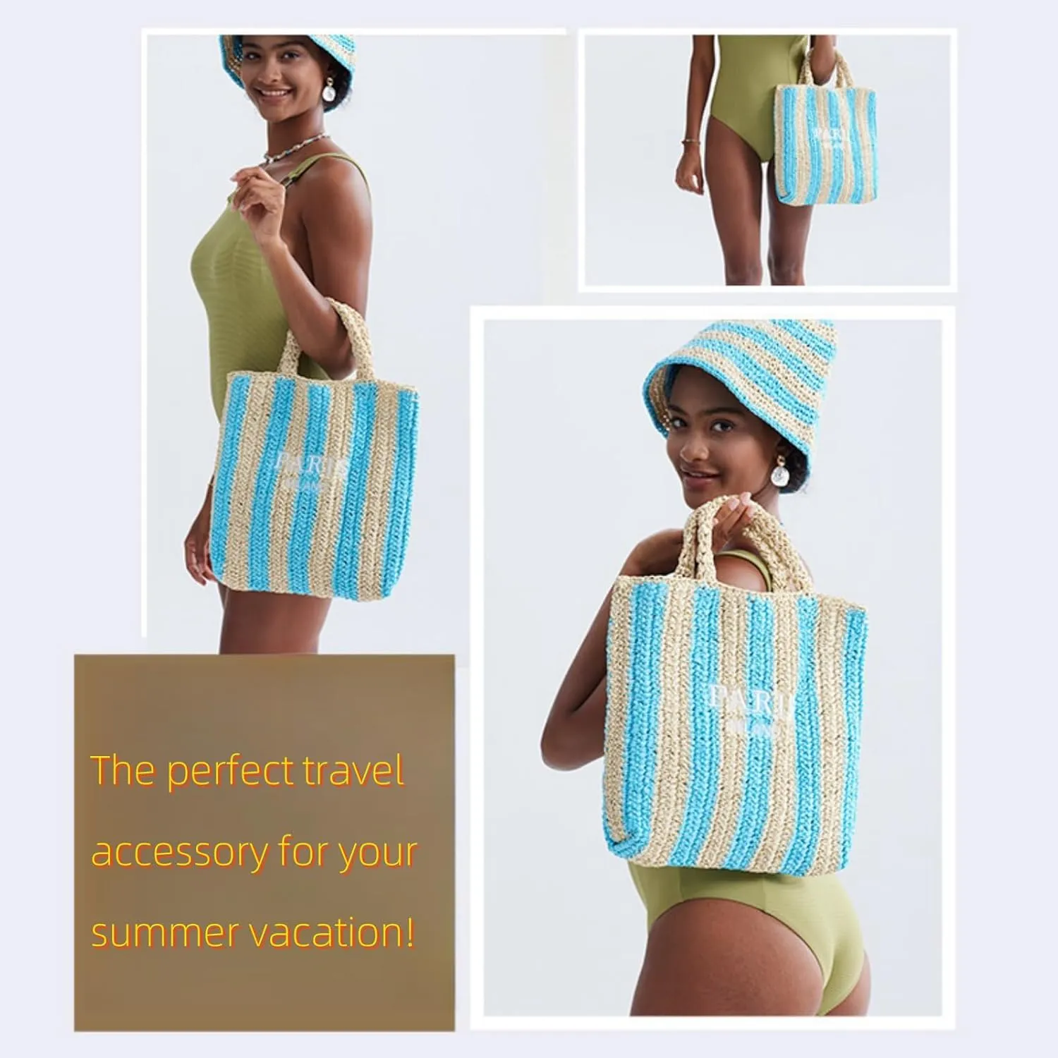 Straw Beach Bag for Women, Woven Summer Tote Bucket Handbags Bright Color Crochet Shoulder Purses for Travel