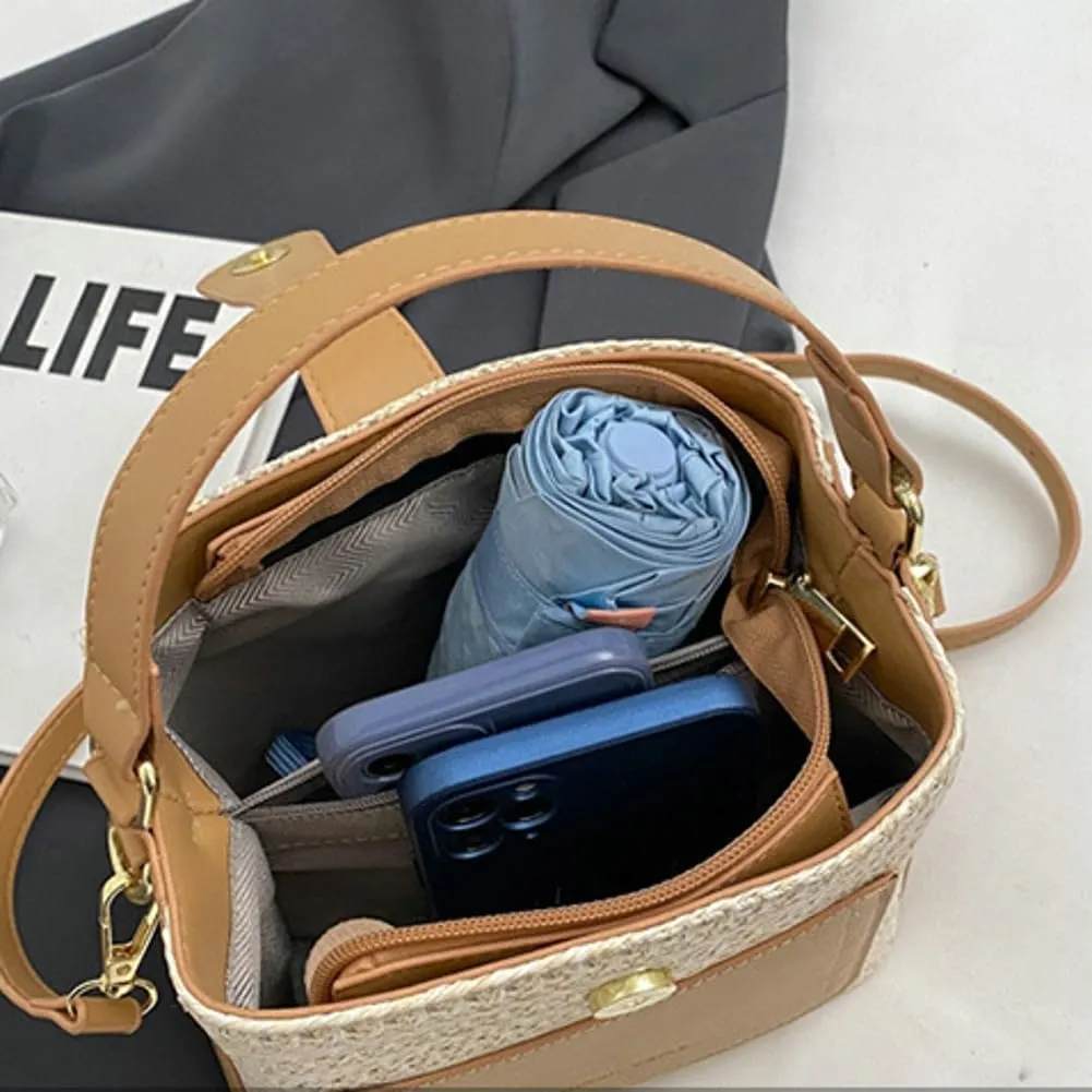 Straw Summer Beach Bag for Women Retro Straw Crossbody Hobo Bags Hand Woven Tote Handbag Straw Bucket Shoulder Bag