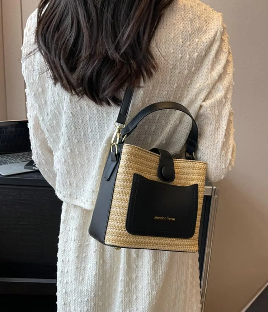 Straw Summer Beach Bag for Women Retro Straw Crossbody Hobo Bags Hand Woven Tote Handbag Straw Bucket Shoulder Bag