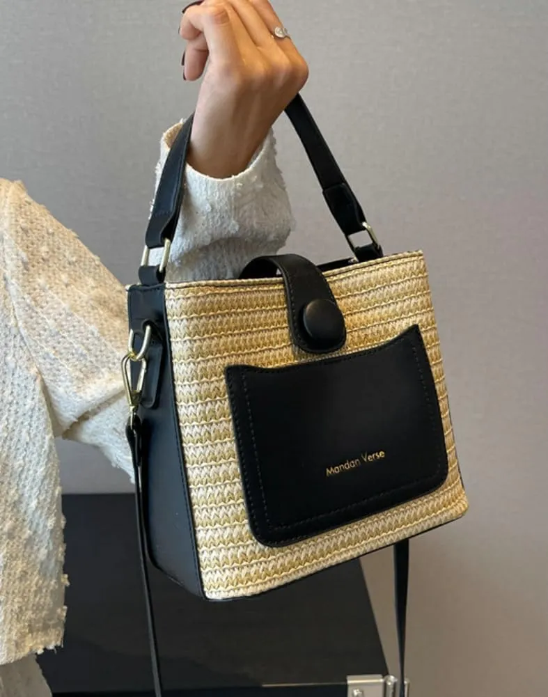 Straw Summer Beach Bag for Women Retro Straw Crossbody Hobo Bags Hand Woven Tote Handbag Straw Bucket Shoulder Bag