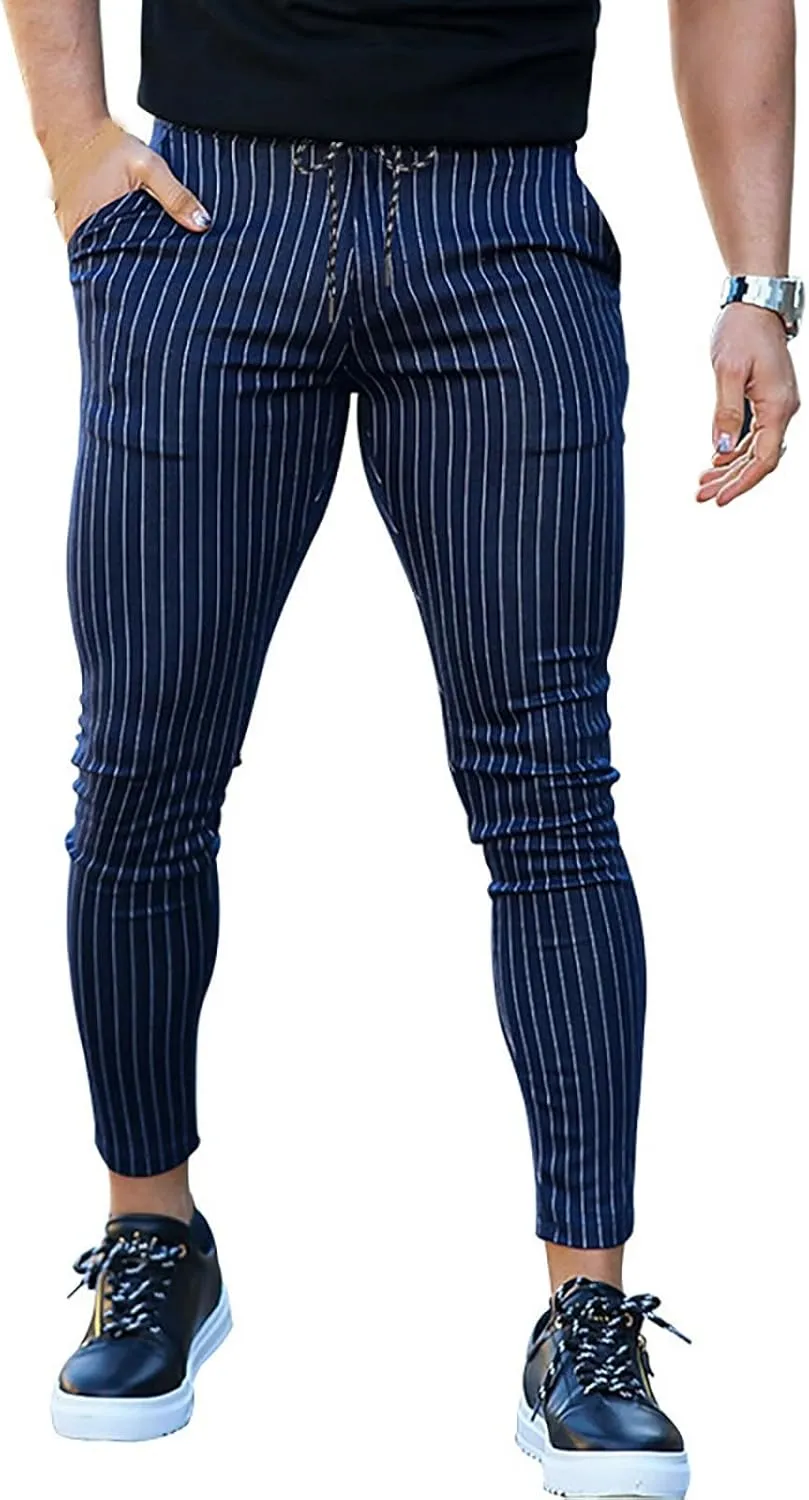 Stretch Slacks for Men Business Casual Slim Striped Drawstring Lightweight Work Pants Straight Barrel Leggings Pant