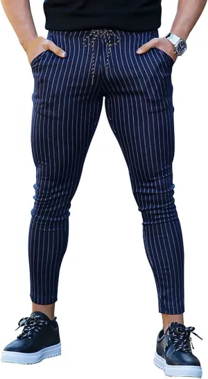 Stretch Slacks for Men Business Casual Slim Striped Drawstring Lightweight Work Pants Straight Barrel Leggings Pant