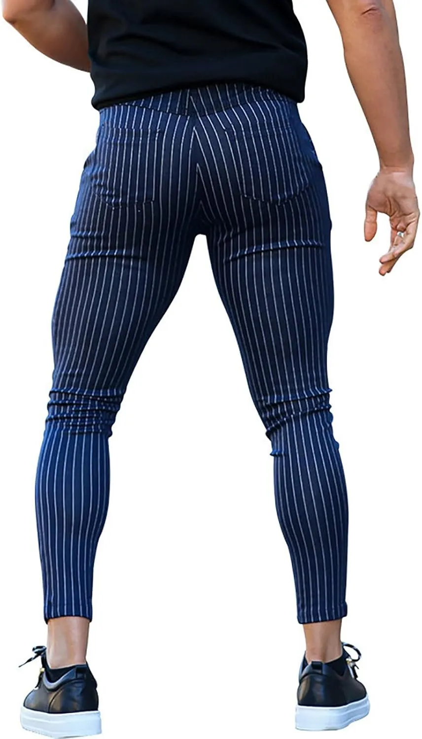 Stretch Slacks for Men Business Casual Slim Striped Drawstring Lightweight Work Pants Straight Barrel Leggings Pant
