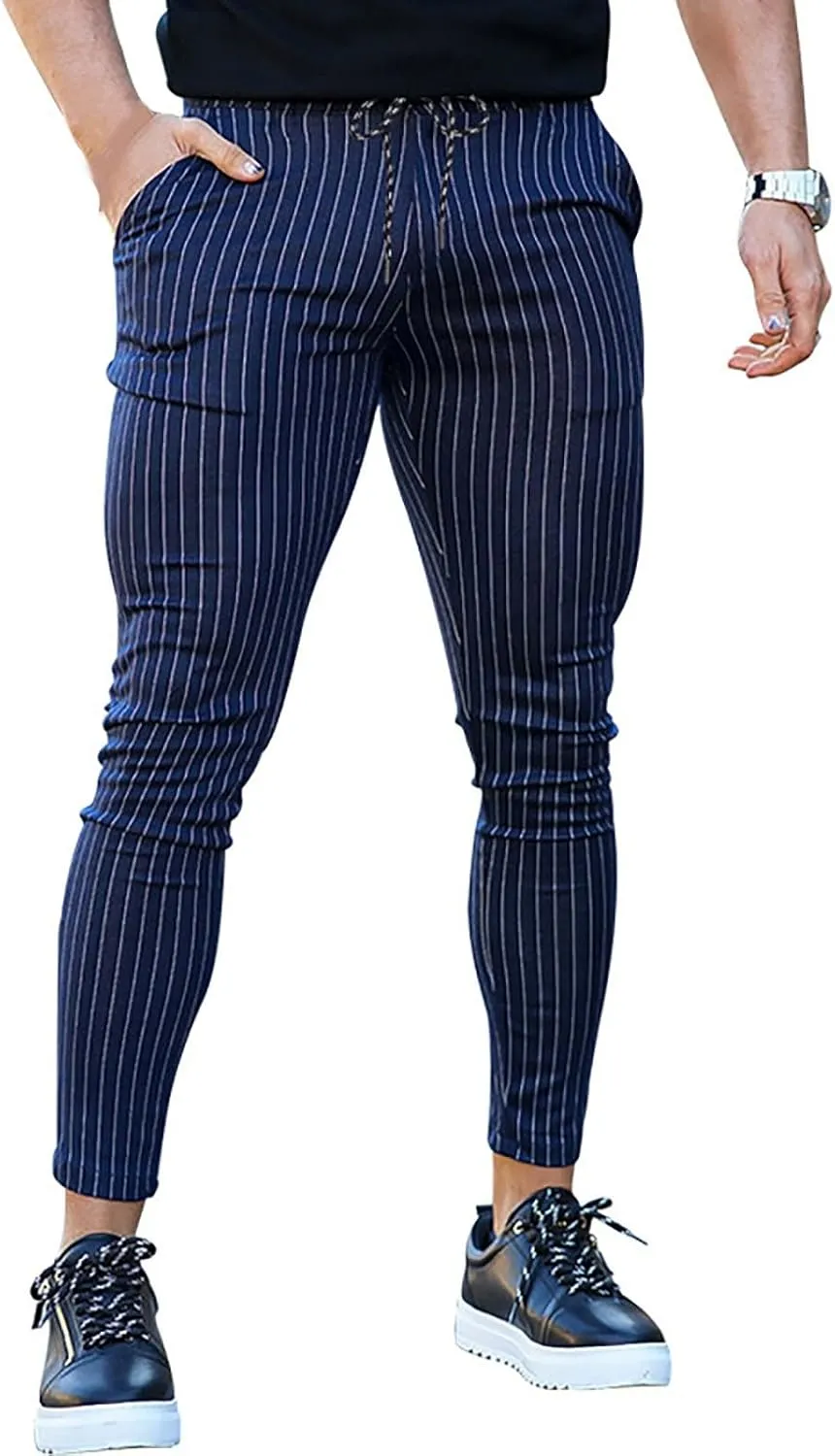 Stretch Slacks for Men Business Casual Slim Striped Drawstring Lightweight Work Pants Straight Barrel Leggings Pant
