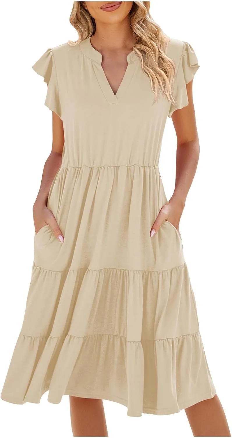 summer dresses for women 2024 casual comfy ruffle short sleeve knee length dresses Tiered v neck midi dresses