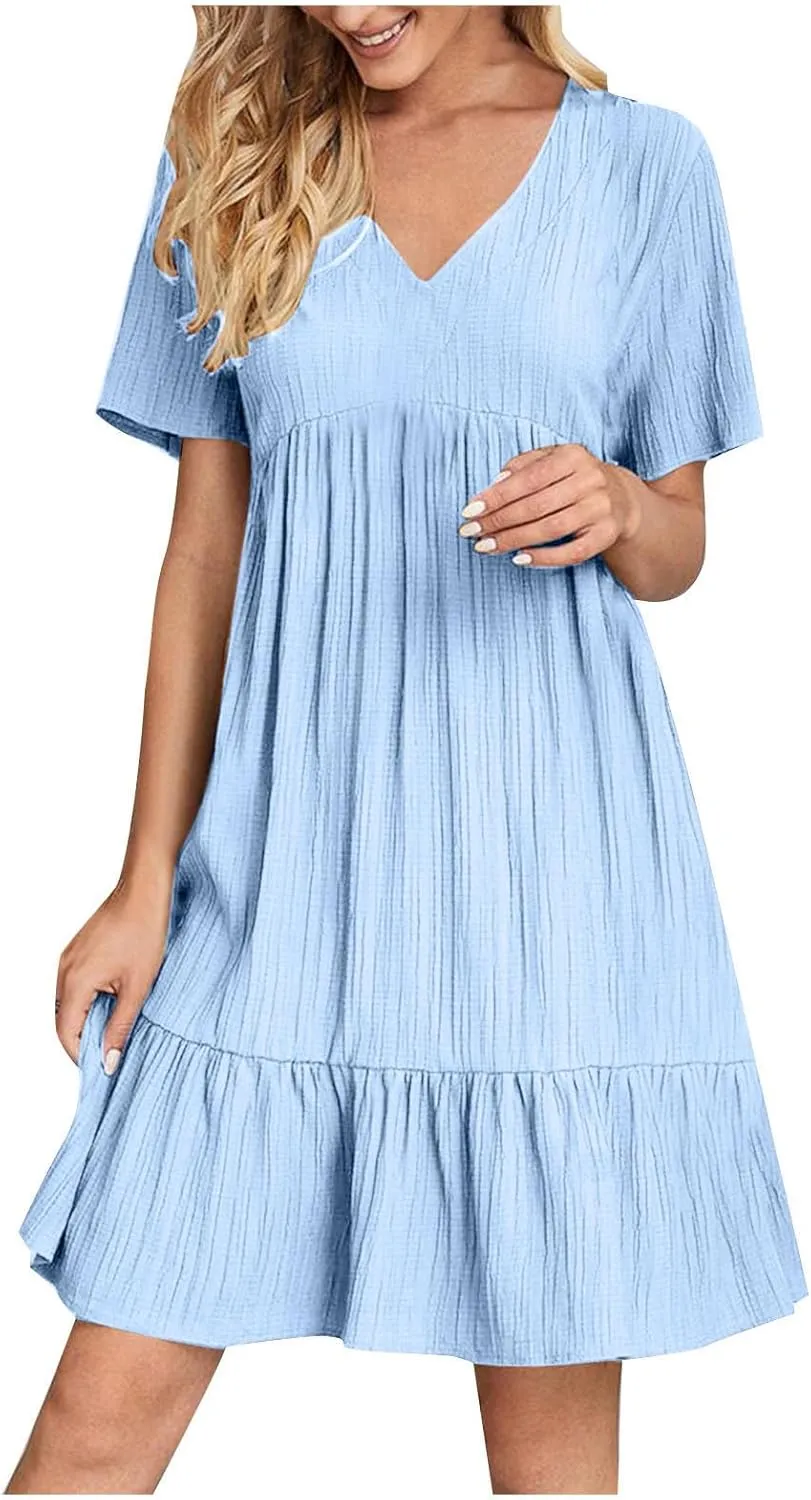 Summer Dresses for Women 2025 Vacation Short Sleeve V Neck Mini T Shirt Dress Pleated Flowy Tiered Beach Sundress