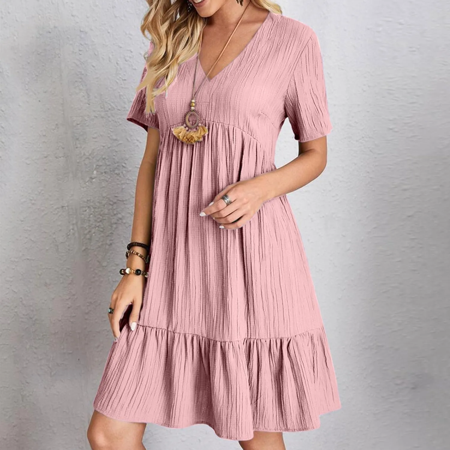 Summer Dresses for Women 2025 Vacation Short Sleeve V Neck Mini T Shirt Dress Pleated Flowy Tiered Beach Sundress