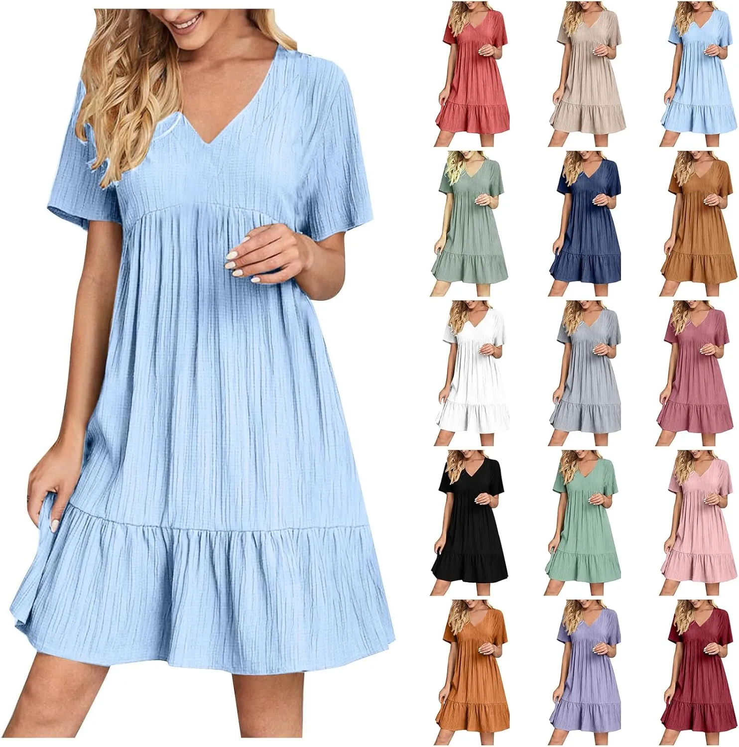 Summer Dresses for Women 2025 Vacation Short Sleeve V Neck Mini T Shirt Dress Pleated Flowy Tiered Beach Sundress