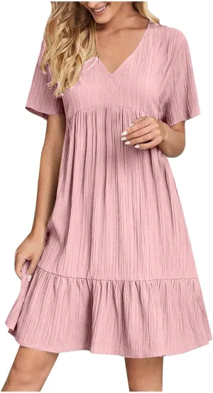 Summer Dresses for Women 2025 Vacation Short Sleeve V Neck Mini T Shirt Dress Pleated Flowy Tiered Beach Sundress
