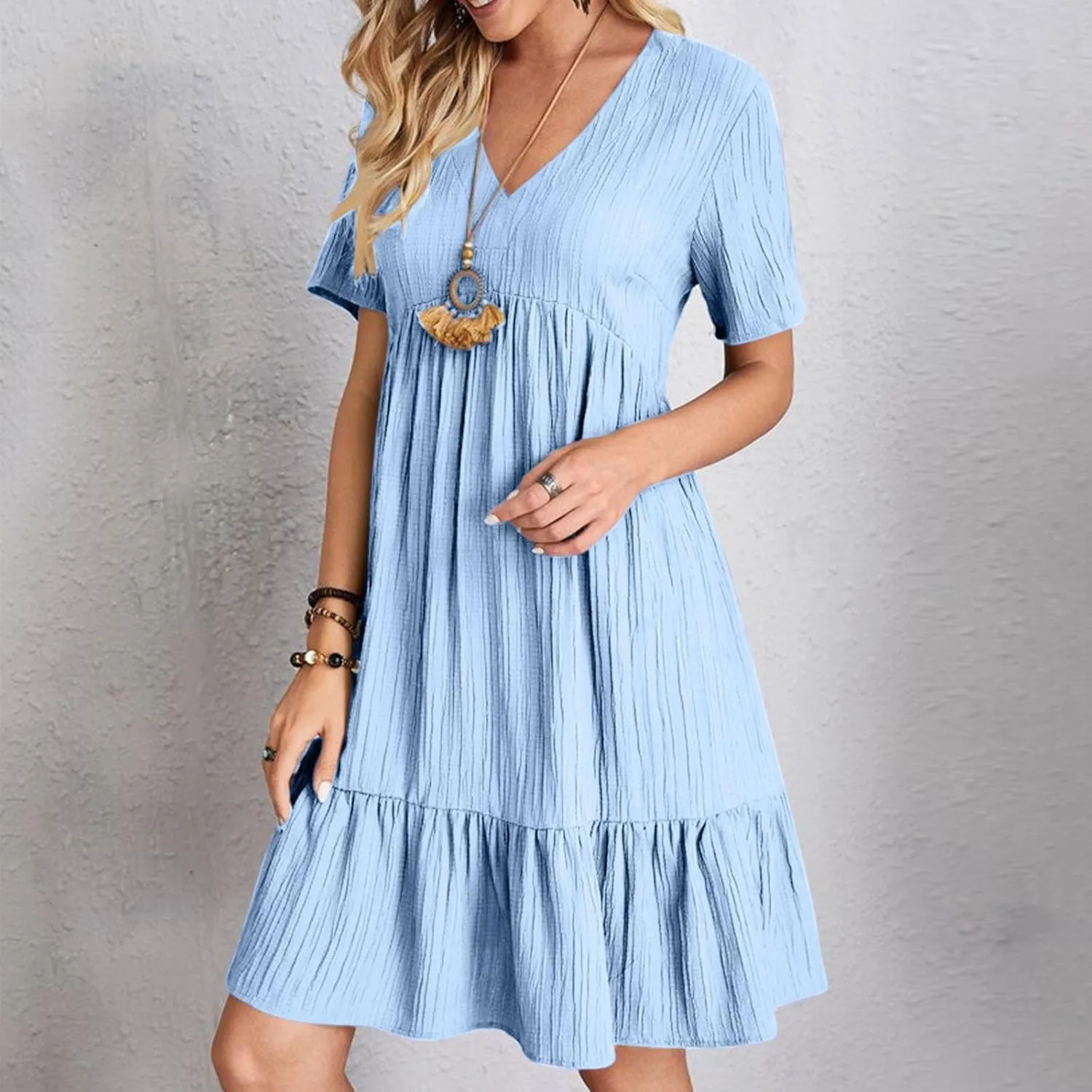 Summer Dresses for Women 2025 Vacation Short Sleeve V Neck Mini T Shirt Dress Pleated Flowy Tiered Beach Sundress