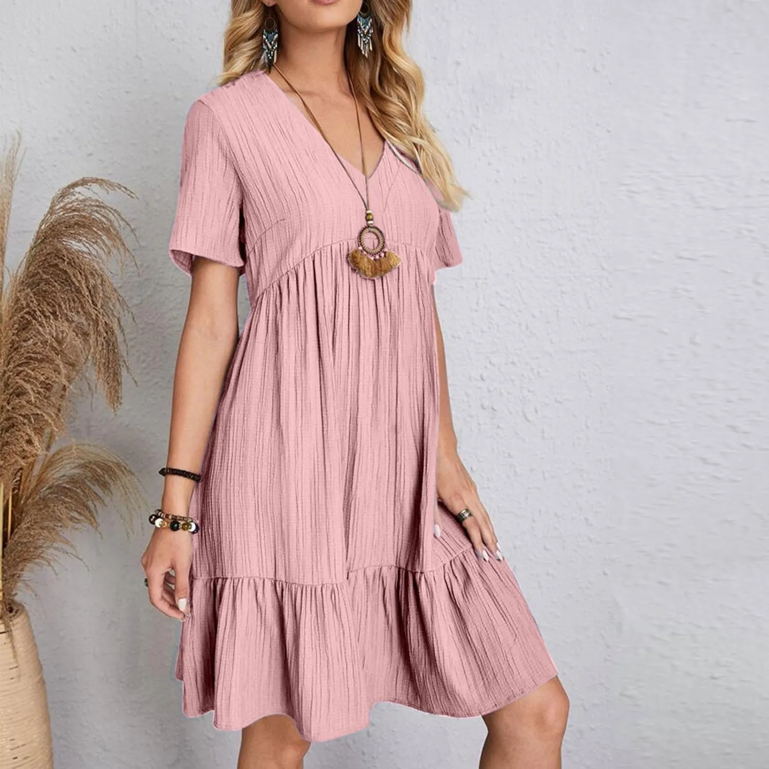 Summer Dresses for Women 2025 Vacation Short Sleeve V Neck Mini T Shirt Dress Pleated Flowy Tiered Beach Sundress
