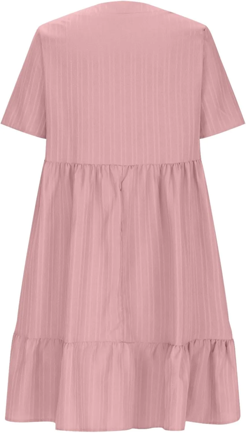 Summer Dresses for Women 2025 Vacation Short Sleeve V Neck Mini T Shirt Dress Pleated Flowy Tiered Beach Sundress