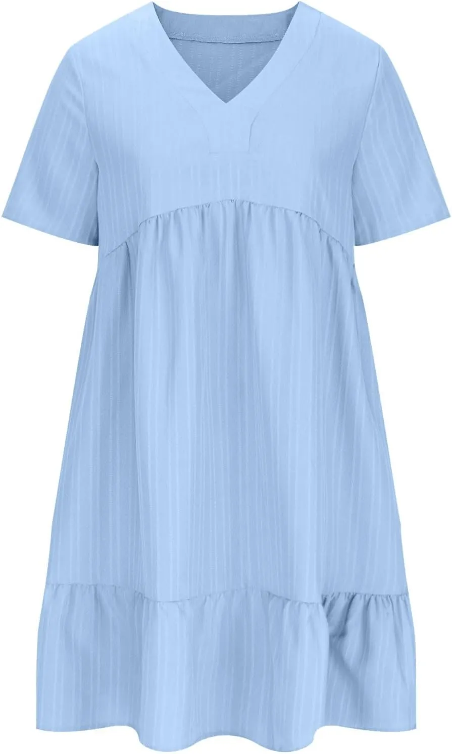 Summer Dresses for Women 2025 Vacation Short Sleeve V Neck Mini T Shirt Dress Pleated Flowy Tiered Beach Sundress