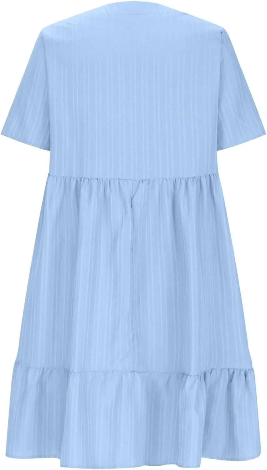 Summer Dresses for Women 2025 Vacation Short Sleeve V Neck Mini T Shirt Dress Pleated Flowy Tiered Beach Sundress