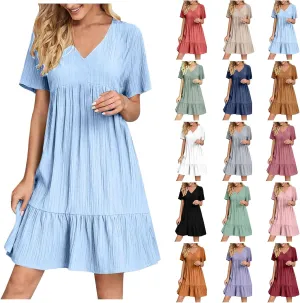 Summer Dresses for Women 2025 Vacation Short Sleeve V Neck Mini T Shirt Dress Pleated Flowy Tiered Beach Sundress