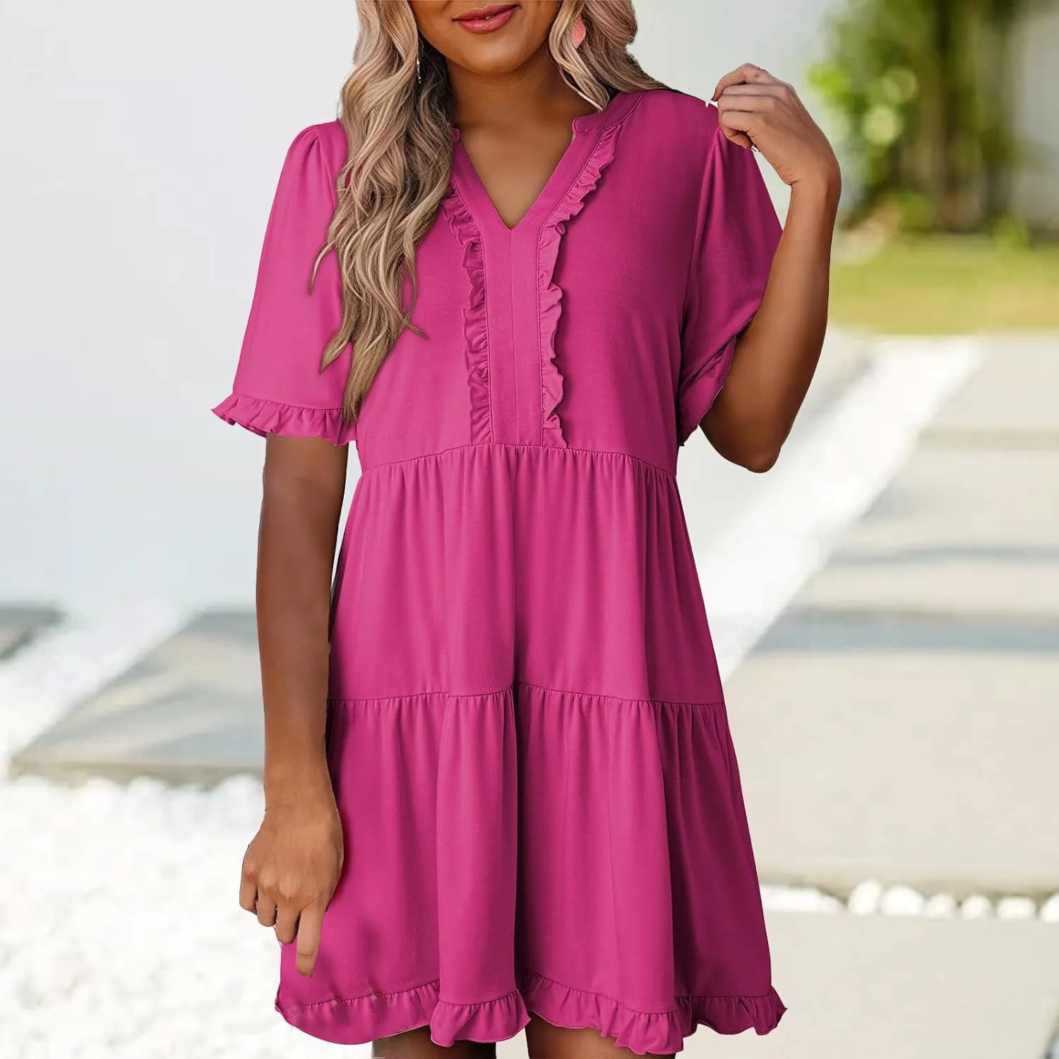 Summer Dresses for Women Casual Short Sleeve V Neck Babydoll Dress Ruffle Tiered Midi Dresses Flowy Beach Dress