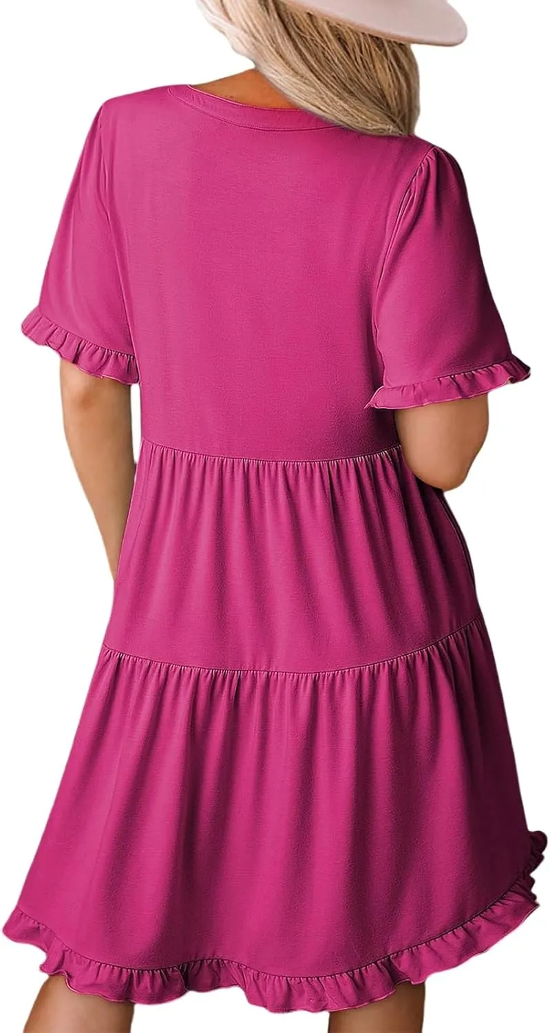 Summer Dresses for Women Casual Short Sleeve V Neck Babydoll Dress Ruffle Tiered Midi Dresses Flowy Beach Dress
