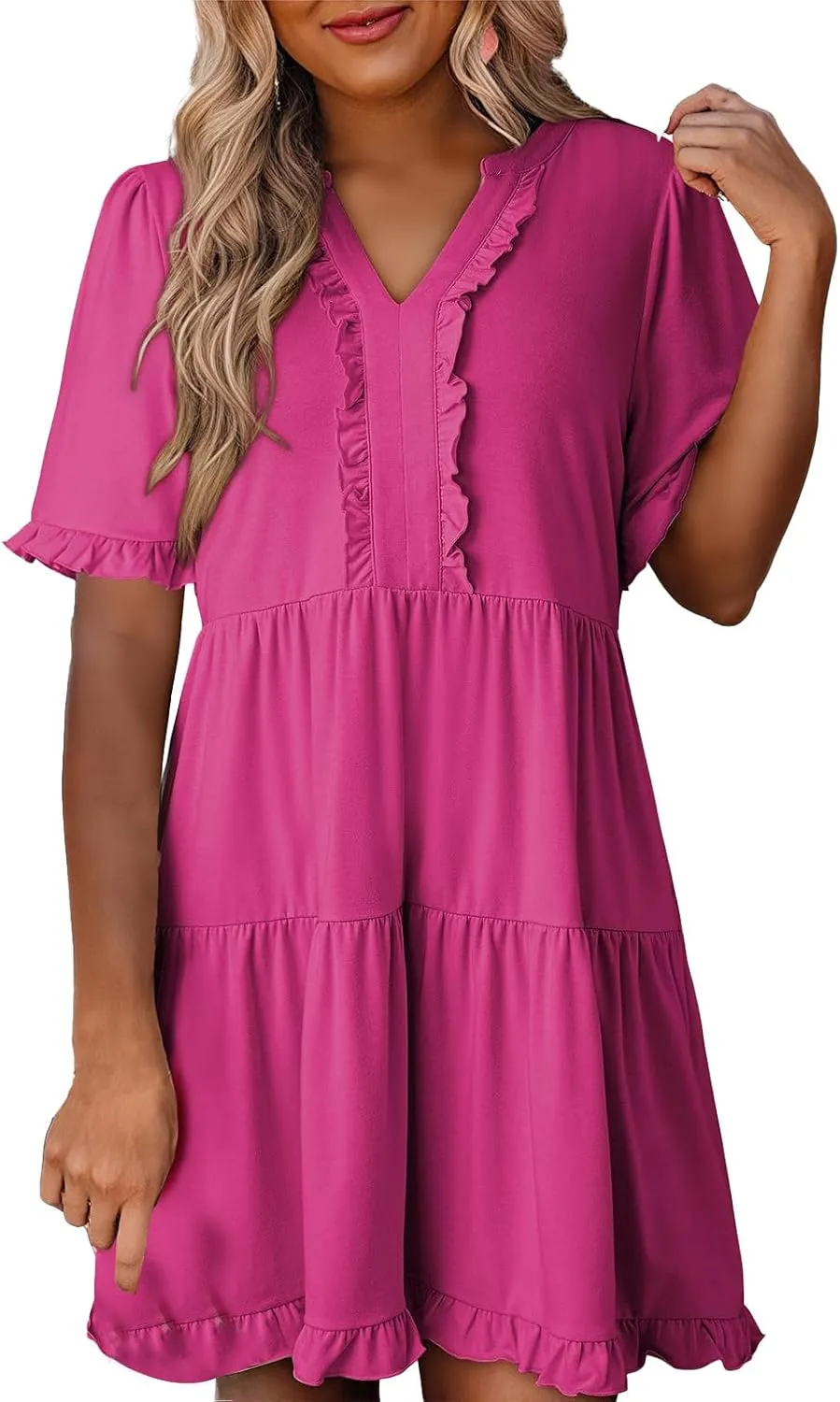 Summer Dresses for Women Casual Short Sleeve V Neck Babydoll Dress Ruffle Tiered Midi Dresses Flowy Beach Dress