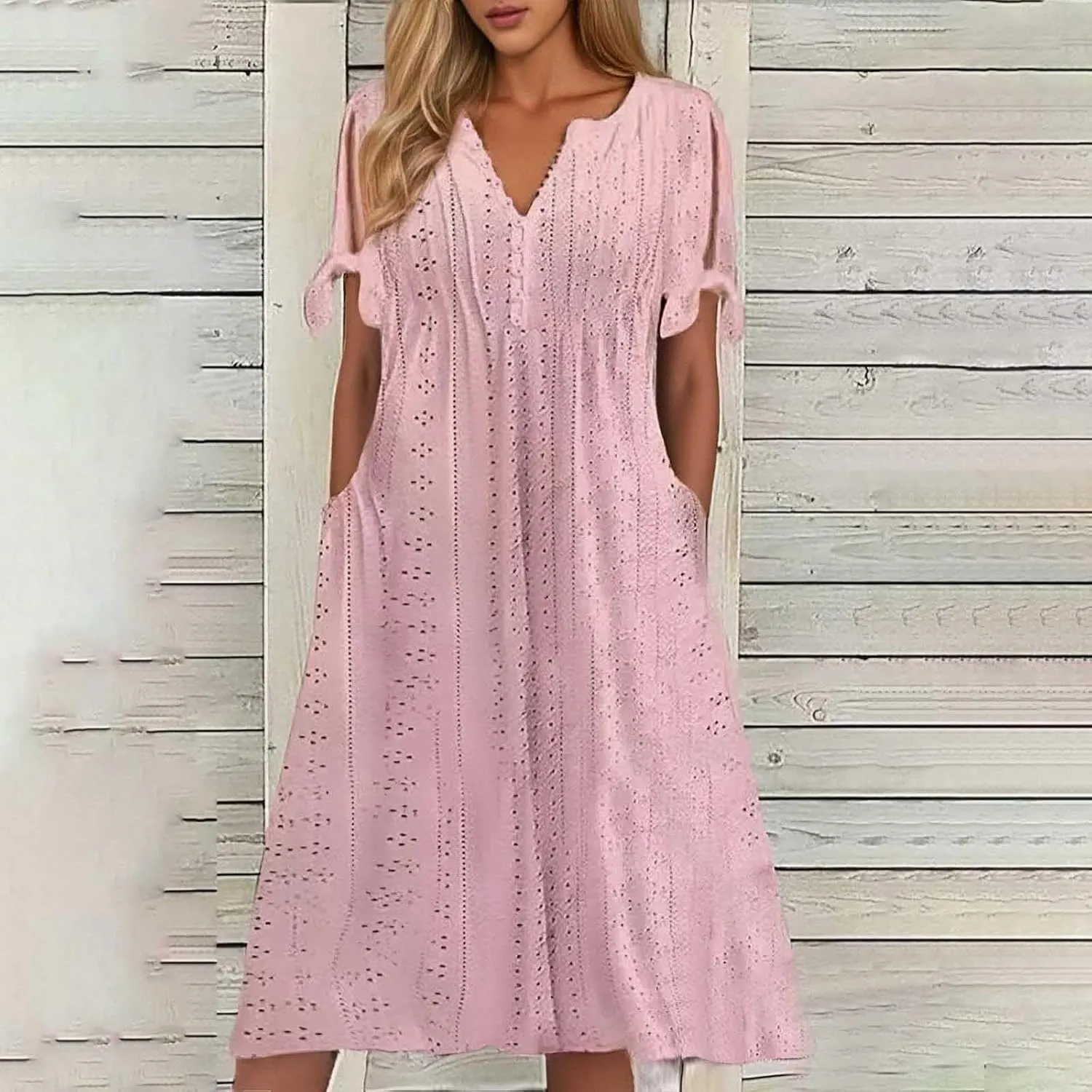 Summer Maxi Dresses for Women 2025 Vacation Casual V Neck Eyelet Dress with Sleeves Pockets Wedding Guest Church Outfits