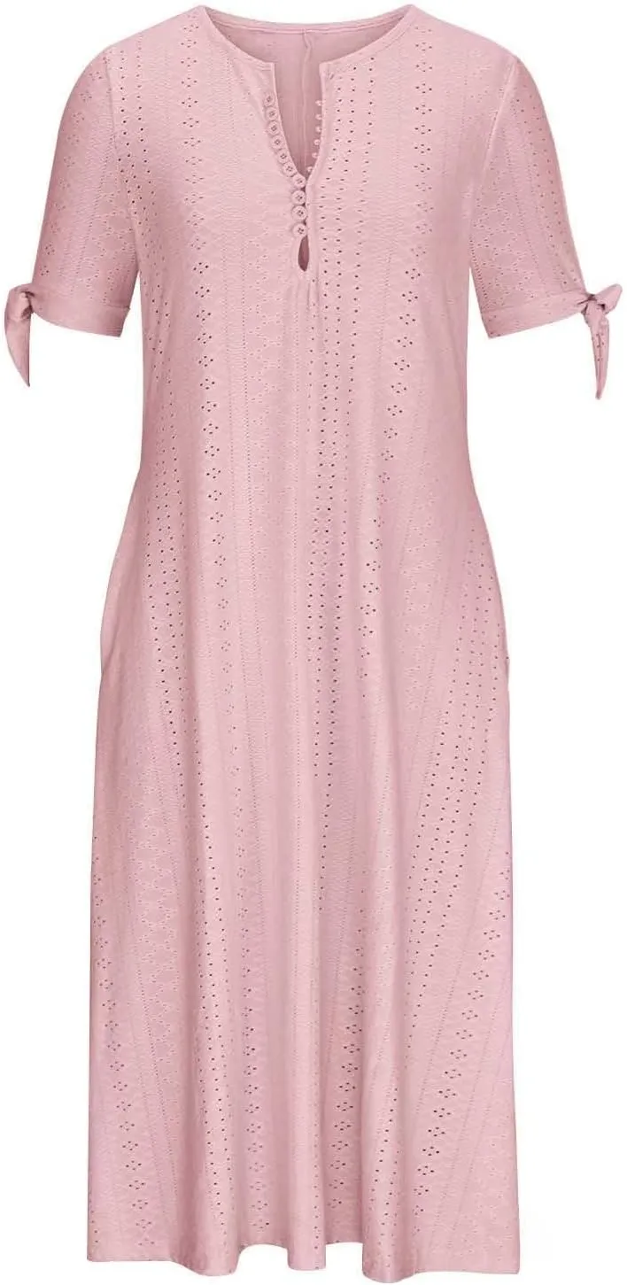 Summer Maxi Dresses for Women 2025 Vacation Casual V Neck Eyelet Dress with Sleeves Pockets Wedding Guest Church Outfits