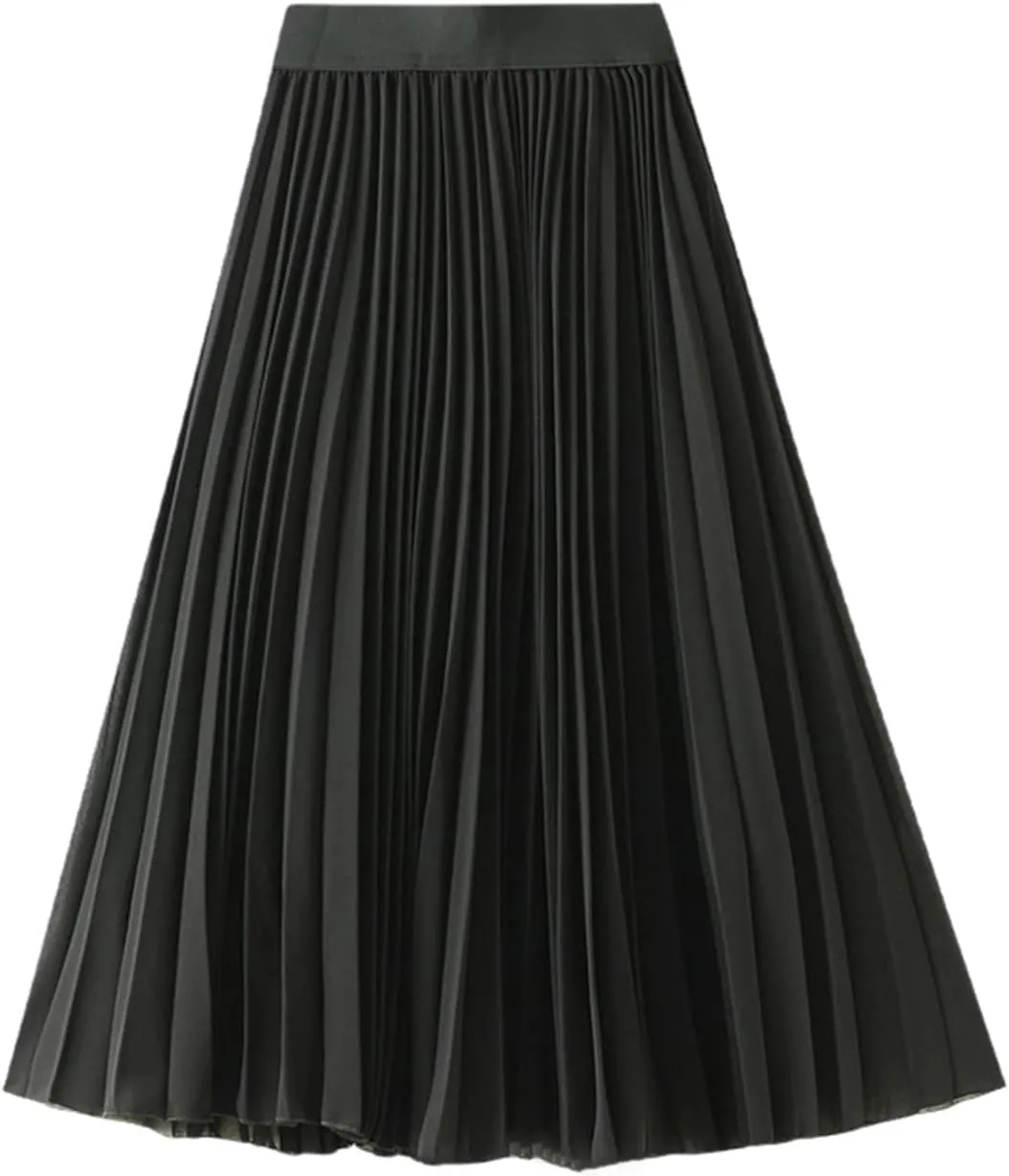 Summer Pleated Skirt Women Spring Autumn High Waist Chiffon Skirt Skirts Female A-Line Midi Skirt Black