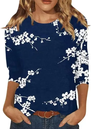 Summer Top for Women 2025 Casual Floral Boho Clothes Fashion Blouse Crew Neck 3/4 Sleeve Shirt Vintage Graphic Tees