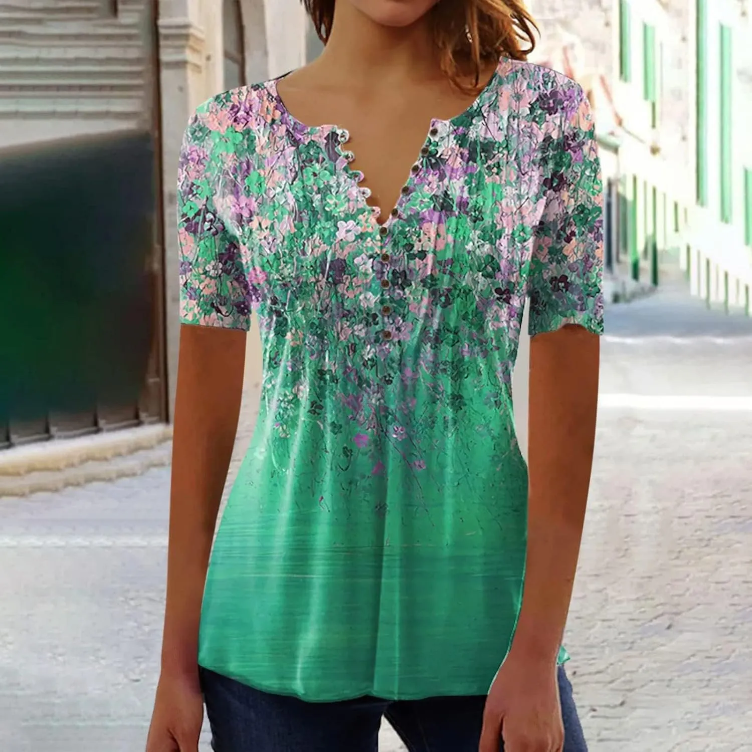 Summer Tops for Women 2025 Trendy Boho Floral Tunic Shirts Short Sleeve Button V Neck Tee Dressy Casual Loose Blouses