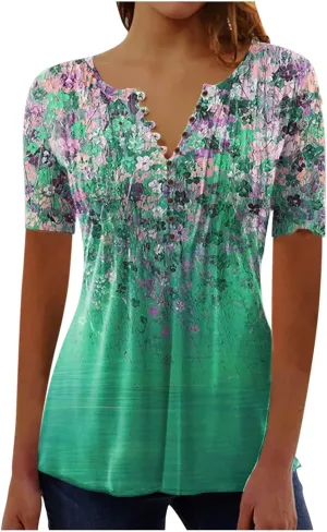 Summer Tops for Women 2025 Trendy Boho Floral Tunic Shirts Short Sleeve Button V Neck Tee Dressy Casual Loose Blouses