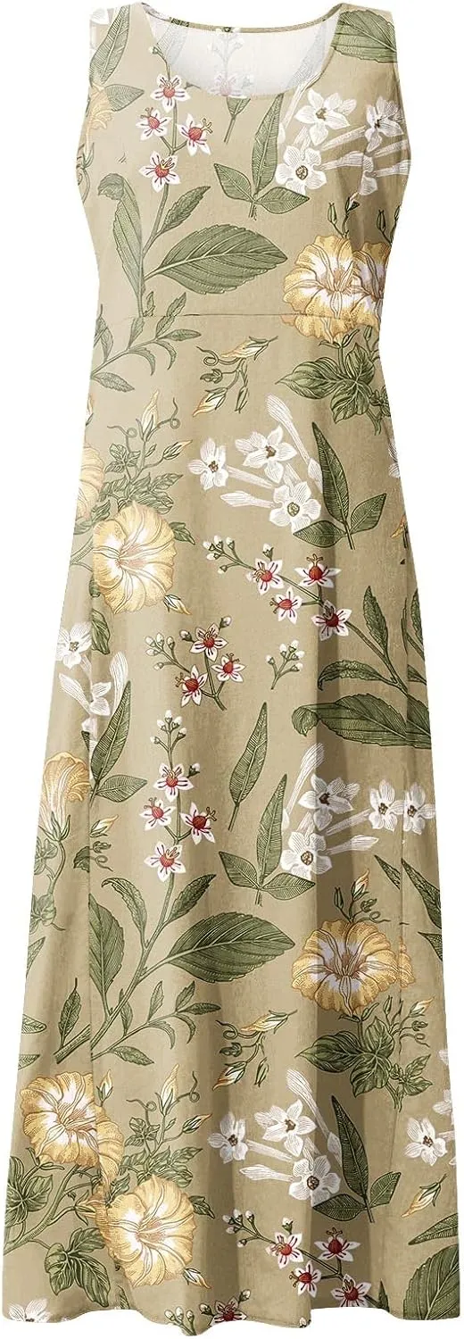 Sundress for Women 2025 Summer Sleeveless Print Dresses Flowy Casual Loose A Line Pleated Evening Dress with Pocket