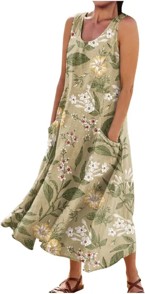 Sundress for Women 2025 Summer Sleeveless Print Dresses Flowy Casual Loose A Line Pleated Evening Dress with Pocket