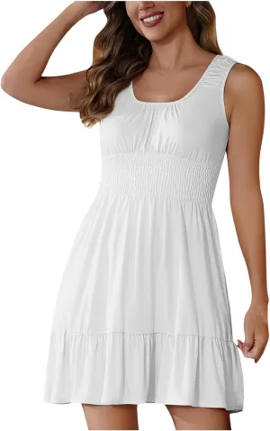 Sundresses for Women 2025 Casual Loose Vacation Dresses Sleeveless Print Dresses Elastic Waist Mini Sundress
