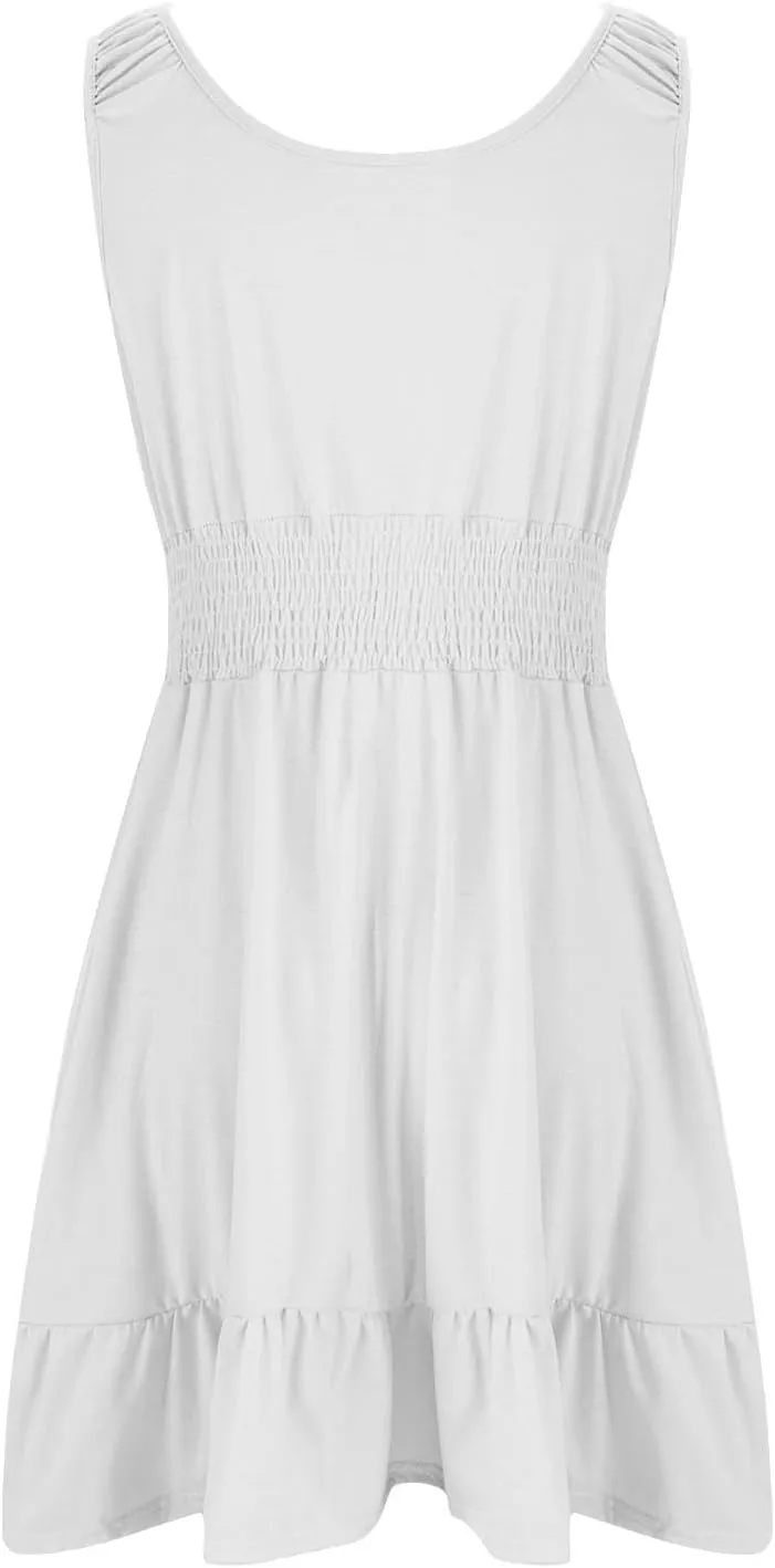 Sundresses for Women 2025 Casual Loose Vacation Dresses Sleeveless Print Dresses Elastic Waist Mini Sundress