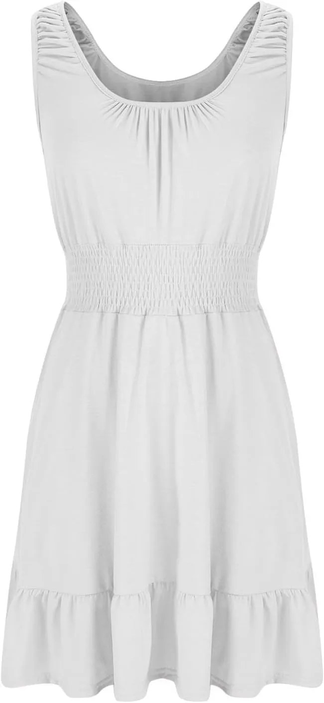 Sundresses for Women 2025 Casual Loose Vacation Dresses Sleeveless Print Dresses Elastic Waist Mini Sundress