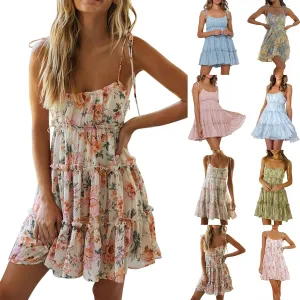 Sundresses for Women 2025 Floral Mini Spaghetti Strap Dresses Beach Boho Cute Tiered Ruffle Halter Cami Dress