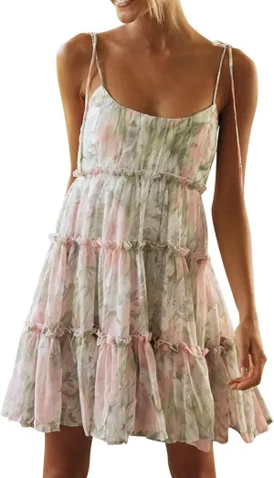 Sundresses for Women 2025 Floral Mini Spaghetti Strap Dresses Beach Boho Cute Tiered Ruffle Halter Cami Dress
