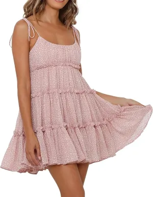 Sundresses for Women 2025 Floral Mini Spaghetti Strap Dresses Beach Boho Cute Tiered Ruffle Halter Cami Dress