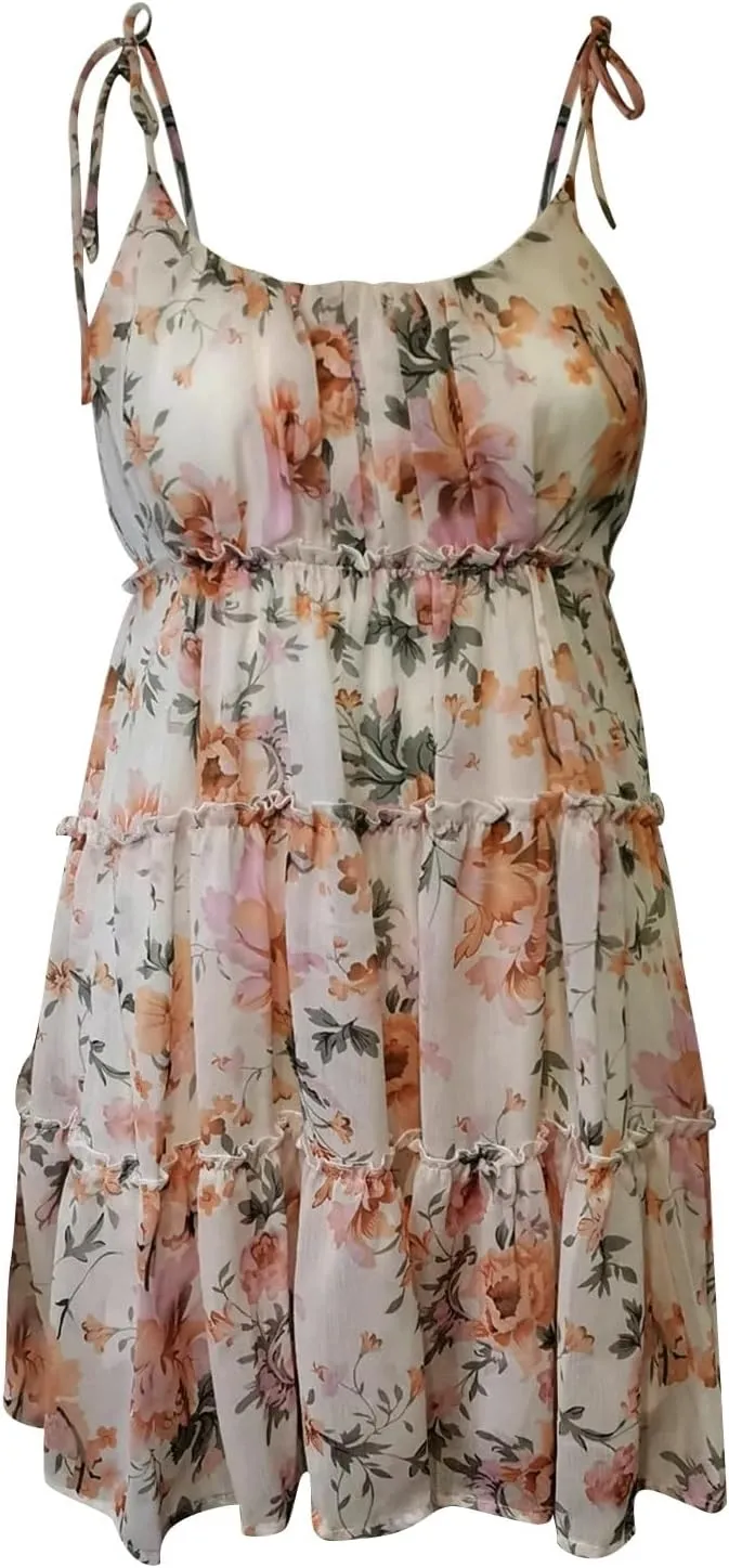 Sundresses for Women 2025 Floral Mini Spaghetti Strap Dresses Beach Boho Cute Tiered Ruffle Halter Cami Dress
